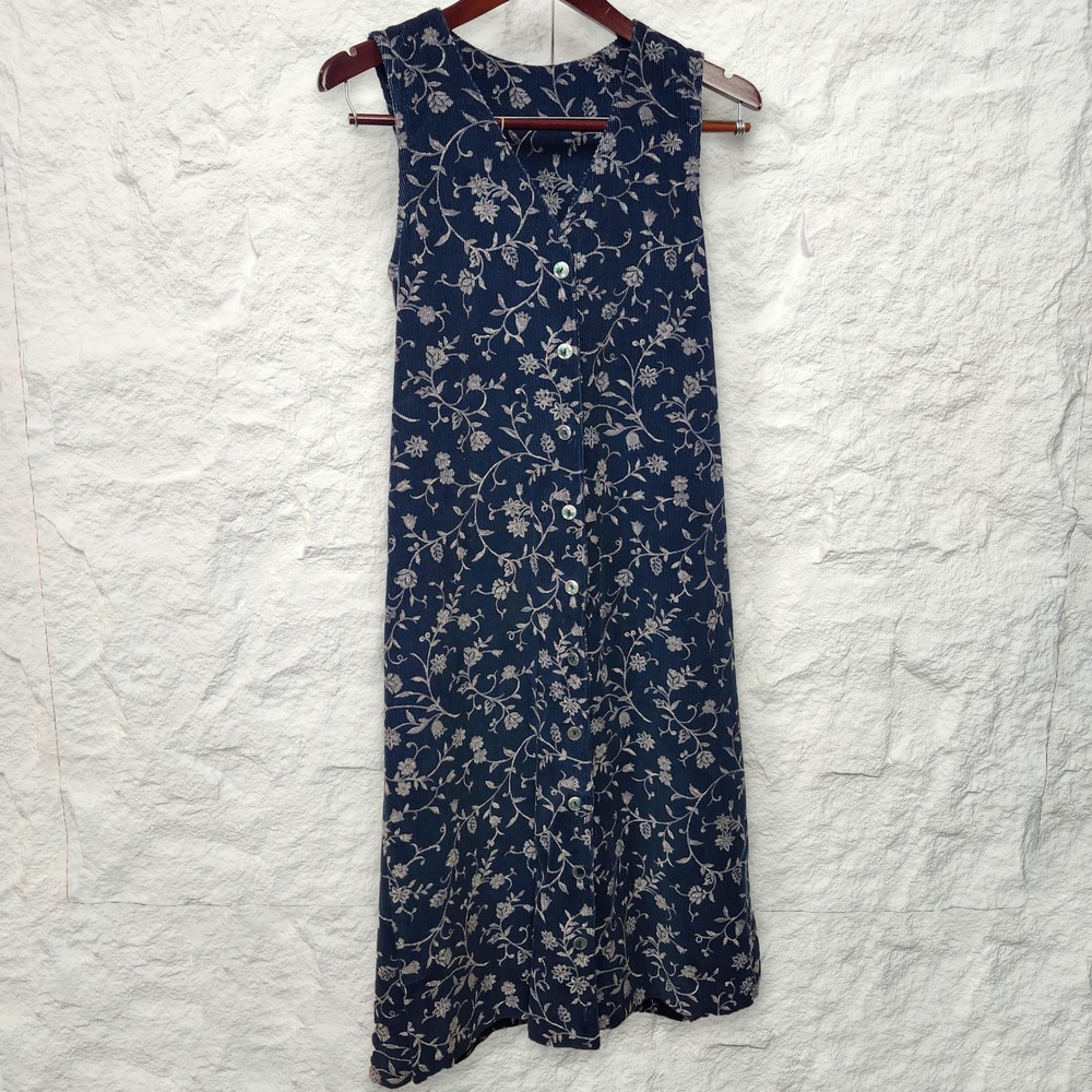 Vintage 90s Floral Corduroy Pinafore Navy Dress Pinwhale Whimsigoth USA Size 8